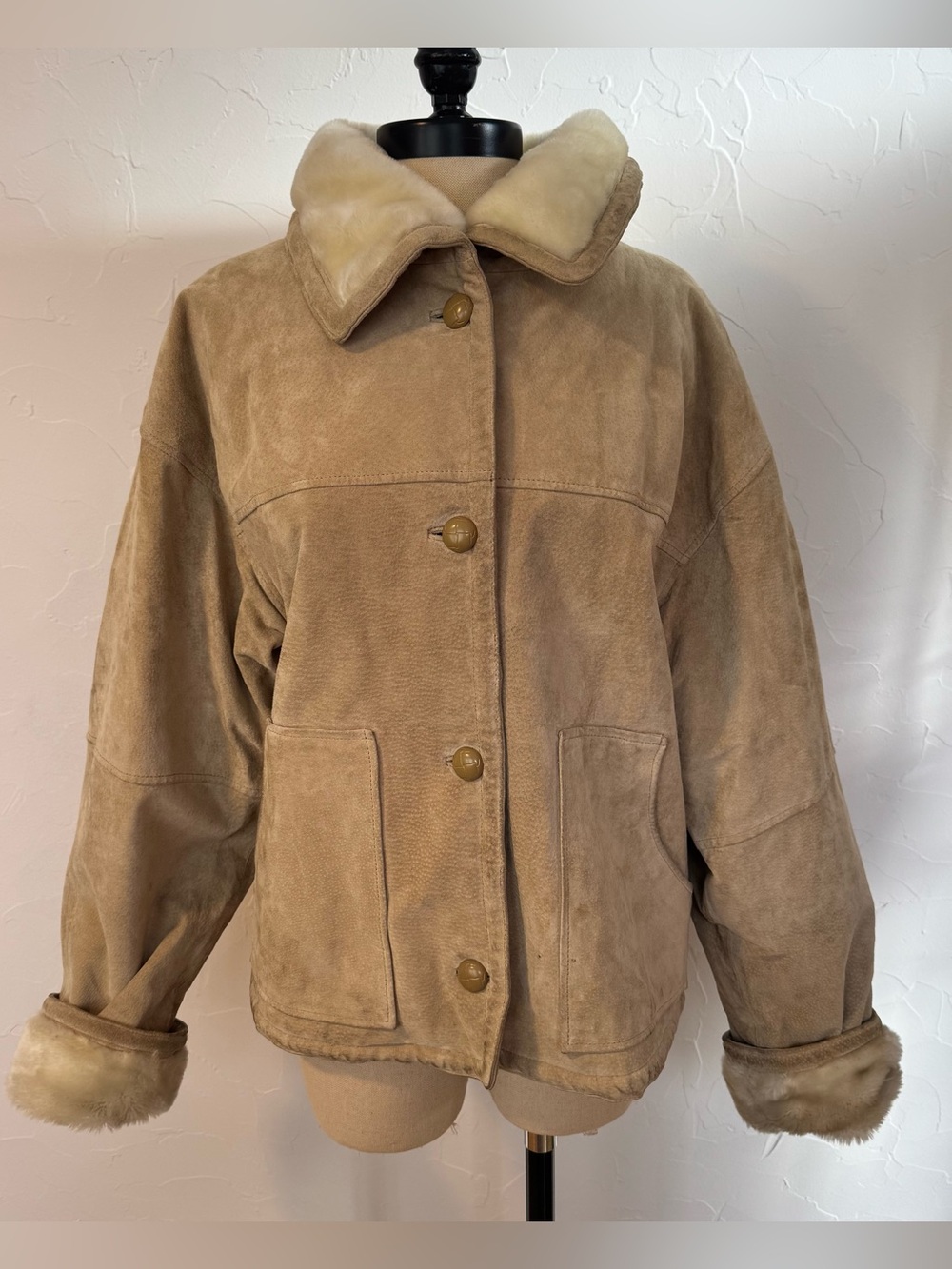 Vintage Pacific Trail Shearling Suede Jacket Fur Collar Tan Medium